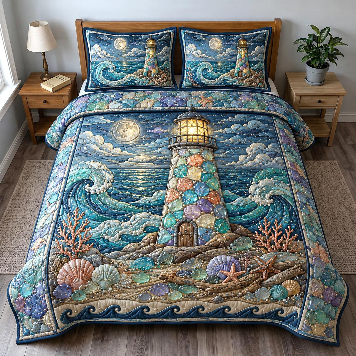 Sea Escape quilted 3-piece bedding set on a made bed in a light coastal bedroom
