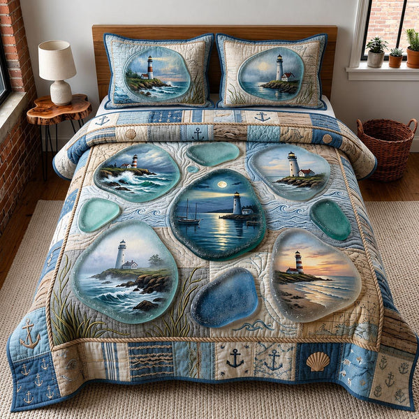 Sea Escape quilted 3-piece bedding set on a made bed in a light coastal bedroom