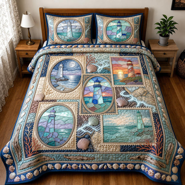 Sea Escape quilted 3-piece bedding set on a made bed in a light coastal bedroom
