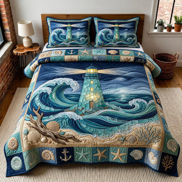 Sea Escape quilted 3-piece bedding set on a made bed in a light coastal bedroom
