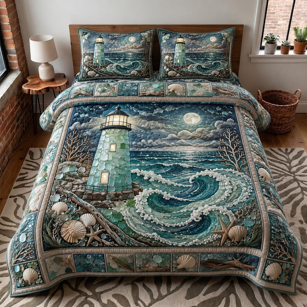 Sea Escape quilted 3-piece bedding set on a made bed in a light coastal bedroom