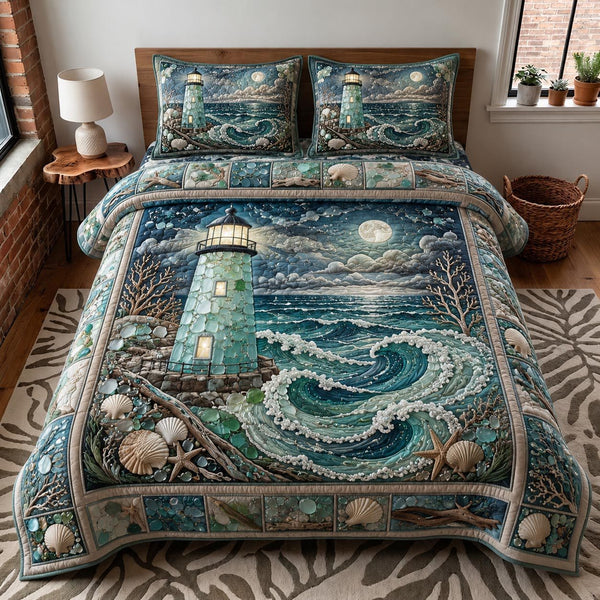 Sea Escape quilted 3-piece bedding set on a made bed in a light coastal bedroom