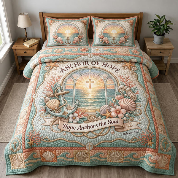 Sea Escape quilted 3-piece bedding set on a made bed in a light coastal bedroom