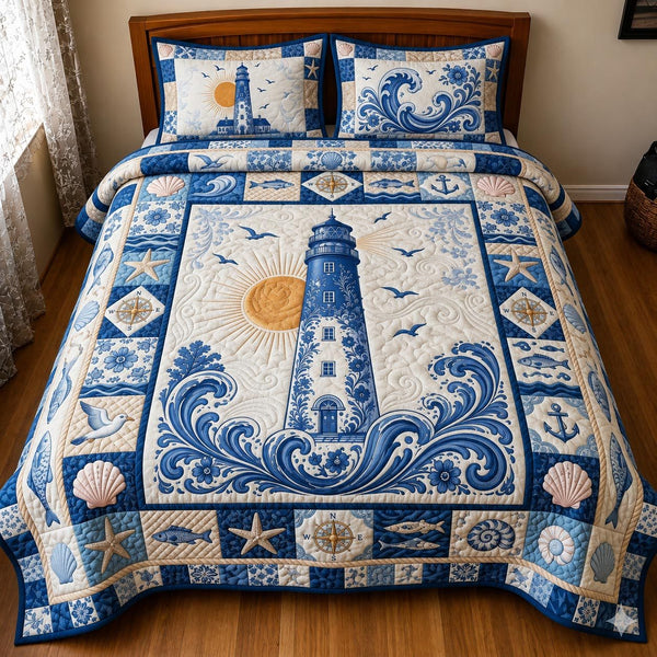 Sea Escape quilted 3-piece bedding set on a made bed in a light coastal bedroom