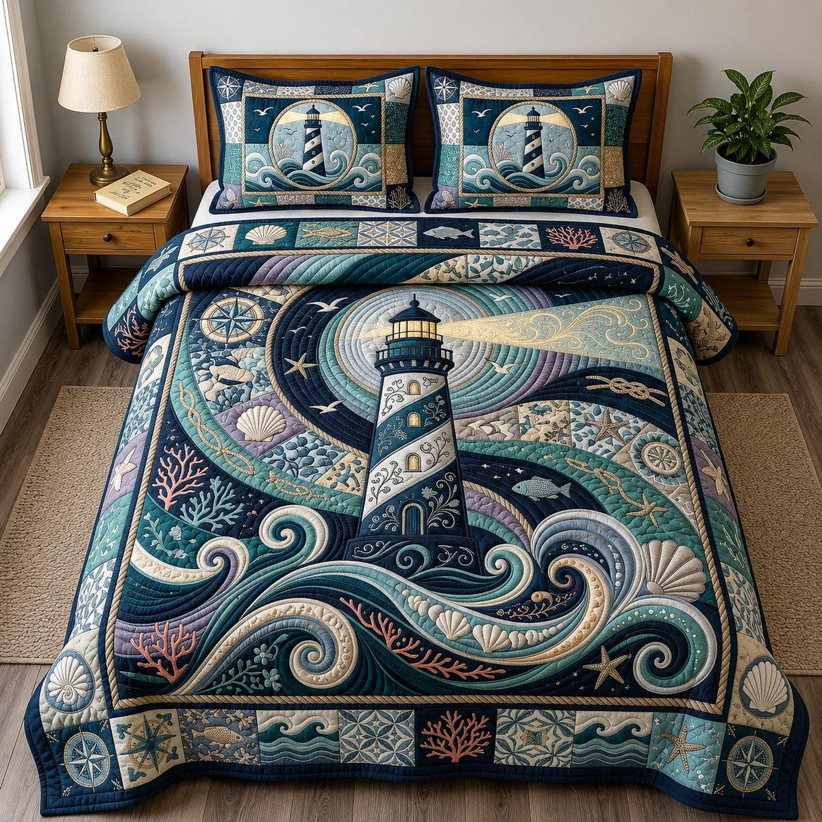 Sea Escape quilted 3-piece bedding set on a made bed in a light coastal bedroom