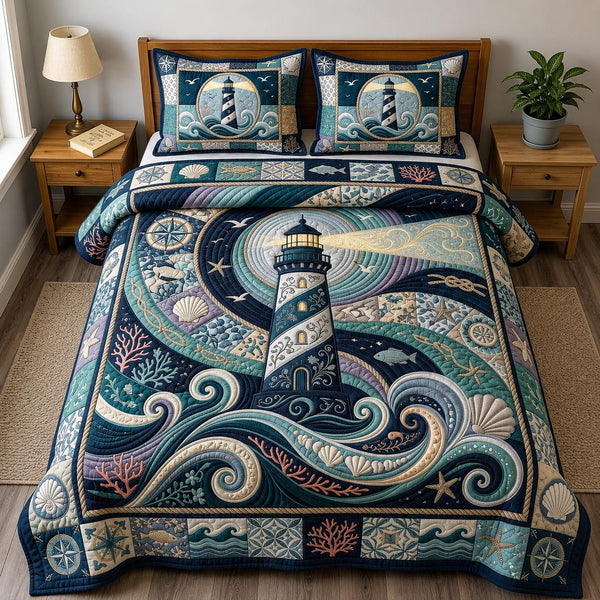 Sea Escape quilted 3-piece bedding set on a made bed in a light coastal bedroom