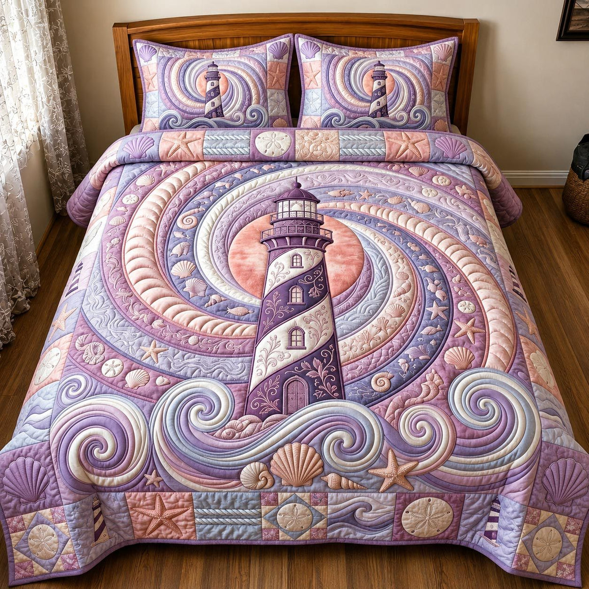 Sea Escape quilted 3-piece bedding set on a made bed in a light coastal bedroom