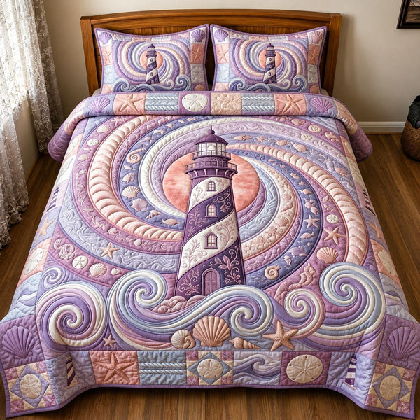 Sea Escape quilted 3-piece bedding set on a made bed in a light coastal bedroom
