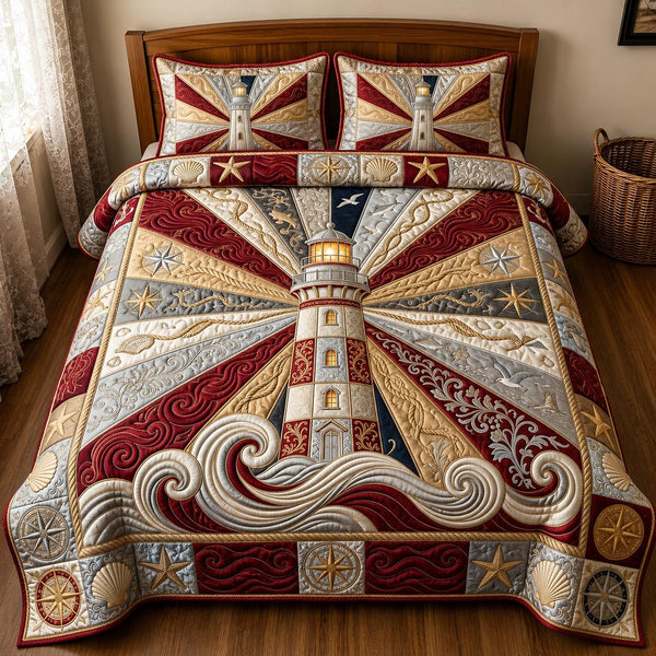 Sea Escape quilted 3-piece bedding set on a made bed in a light coastal bedroom