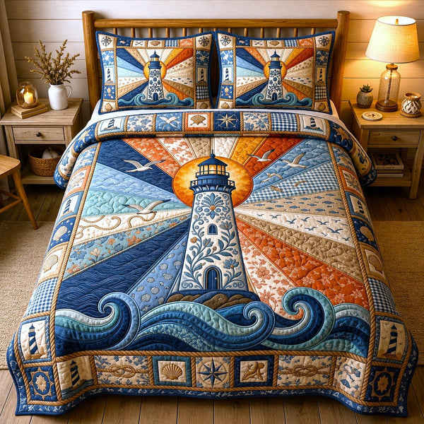 Sea Escape quilted 3-piece bedding set on a made bed in a light coastal bedroom