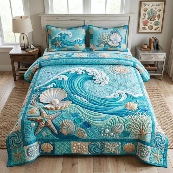 Sea Escape quilted 3-piece bedding set on a made bed in a light coastal bedroom