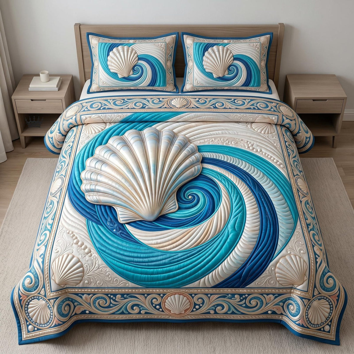 Sea Escape quilted 3-piece bedding set on a made bed in a light coastal bedroom