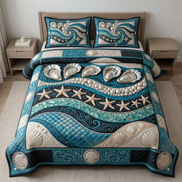 Sea Escape quilted 3-piece bedding set on a made bed in a light coastal bedroom