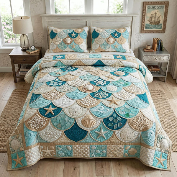Sea Escape quilted 3-piece bedding set on a made bed in a light coastal bedroom
