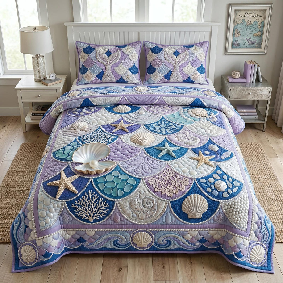 Sea Escape quilted 3-piece bedding set on a made bed in a light coastal bedroom