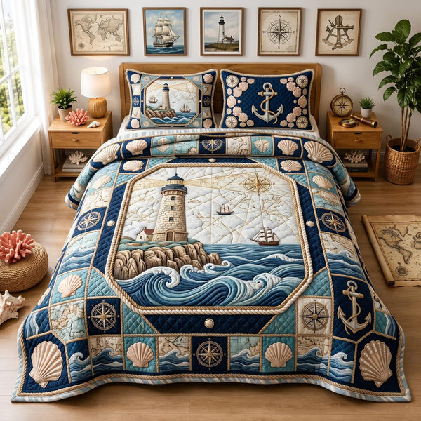 Sea Escape quilted 3-piece bedding set on a made bed in a light coastal bedroom