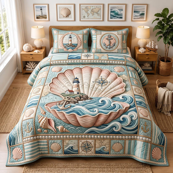 Sea Escape quilted 3-piece bedding set on a made bed in a light coastal bedroom