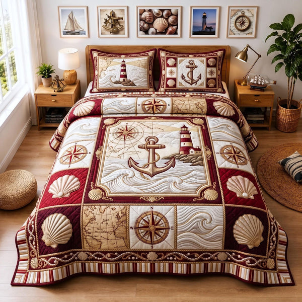 Sea Escape quilted 3-piece bedding set on a made bed in a light coastal bedroom