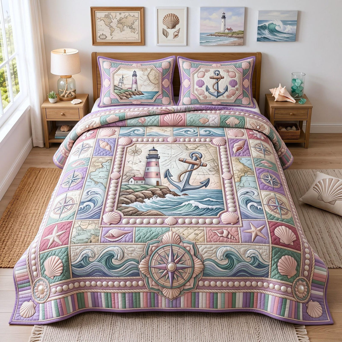 Sea Escape quilted 3-piece bedding set on a made bed in a light coastal bedroom