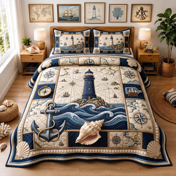 Sea Escape quilted 3-piece bedding set on a made bed in a light coastal bedroom