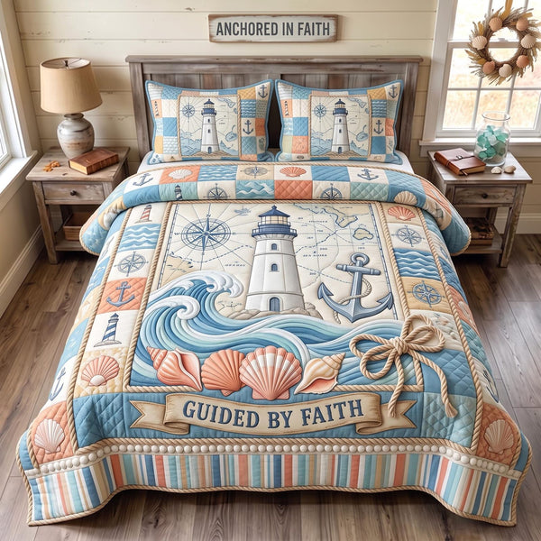 Sea Escape quilted 3-piece bedding set on a made bed in a light coastal bedroom
