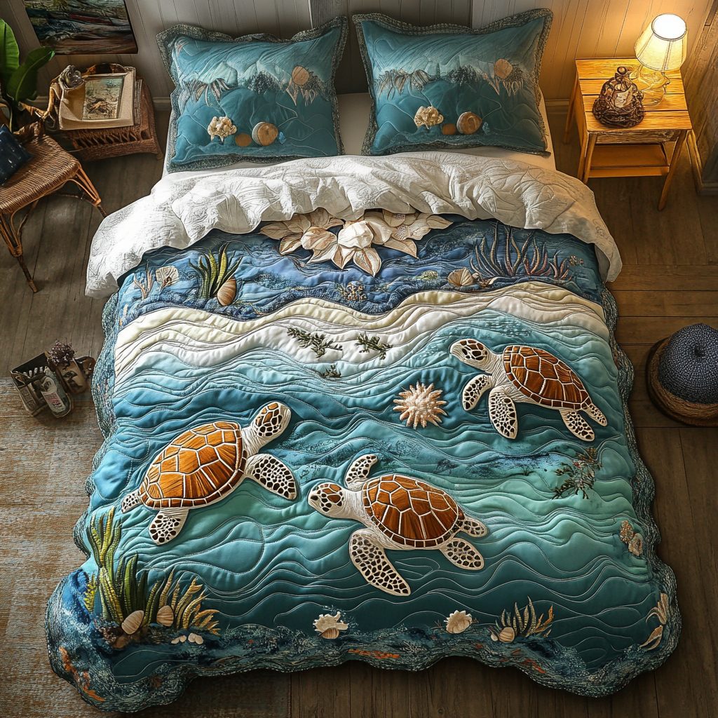 Sea Escape quilted 3-piece bedding set on a made bed in a light coastal bedroom