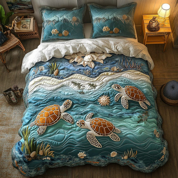 Sea Escape quilted 3-piece bedding set on a made bed in a light coastal bedroom