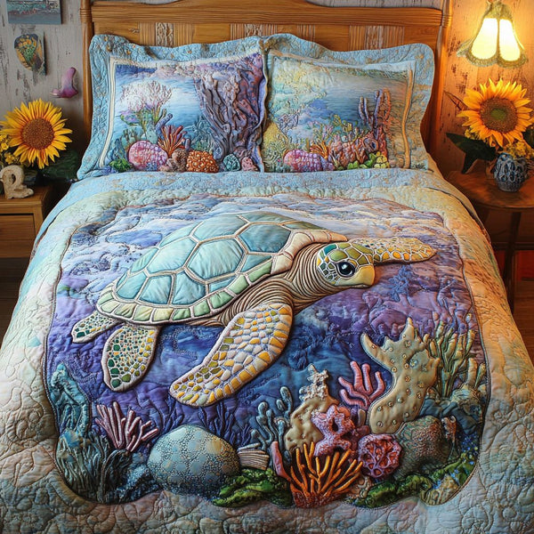 Sea Escape quilted 3-piece bedding set on a made bed in a light coastal bedroom