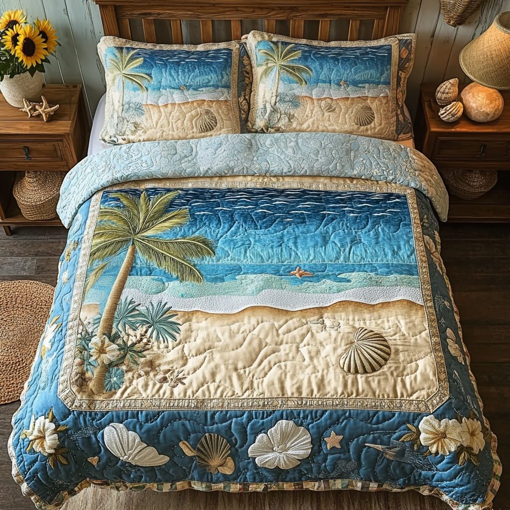 Sea Escape quilted 3-piece bedding set on a made bed in a light coastal bedroom