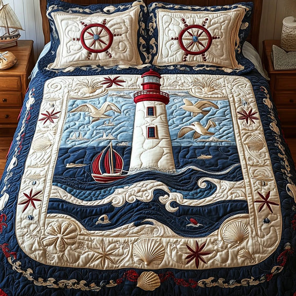 Sea Horizon quilted 3-piece bedding set on a made bed in a light coastal bedroom