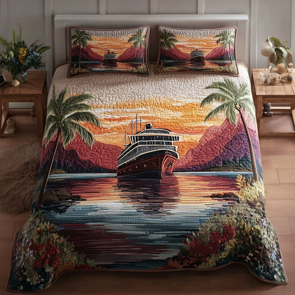 Sea Horizon quilted 3-piece bedding set on a made bed in a light coastal bedroom