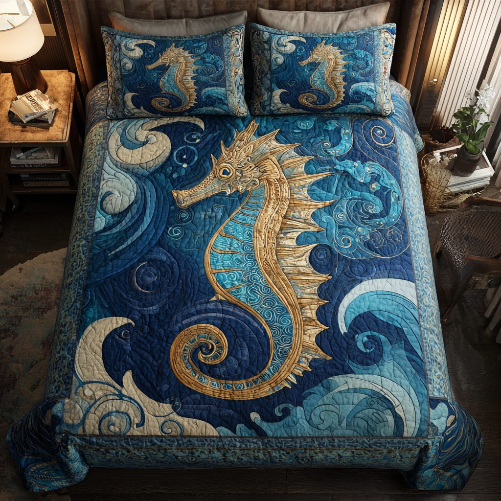 Sea Horse Dreams quilted 3-piece bedding set on a made bed in a rustic timber bedroom