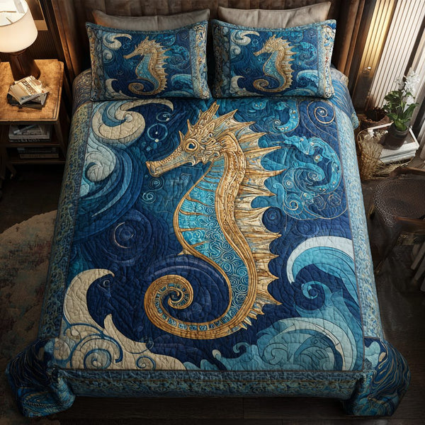 Sea Horse Dreams quilted 3-piece bedding set on a made bed in a rustic timber bedroom