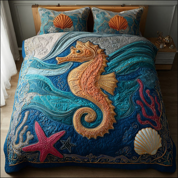Sea Horse Horizon quilted 3-piece bedding set on a made bed in a rustic timber bedroom