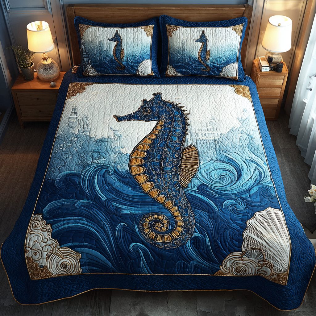 Sea Horse Journey quilted 3-piece bedding set on a made bed in a rustic timber bedroom
