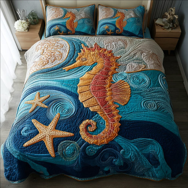 Sea Horse Magic quilted 3-piece bedding set on a made bed in a rustic timber bedroom
