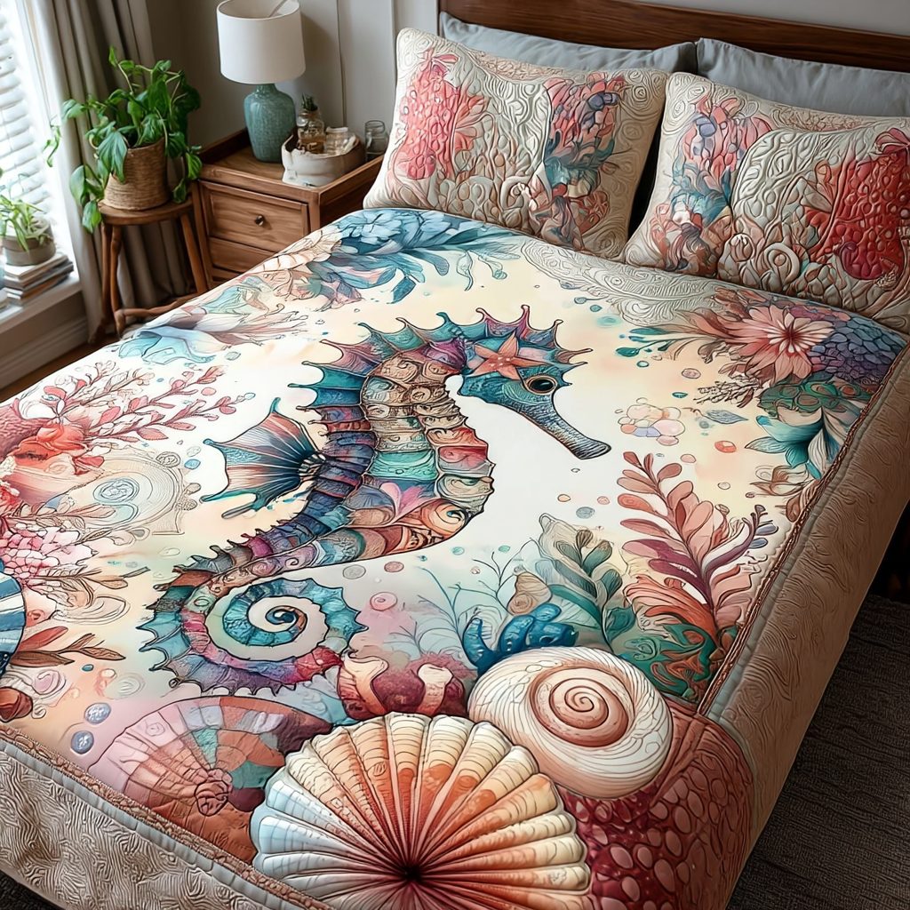 Sea Horse Shore quilted 3-piece bedding set on a made bed in a rustic timber bedroom