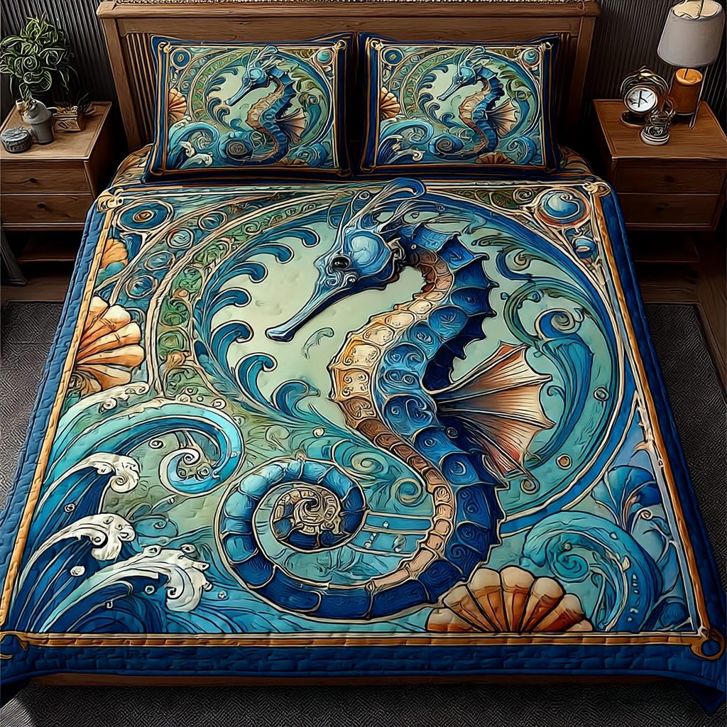Sea Horse Waves quilted 3-piece bedding set on a made bed in a rustic timber bedroom