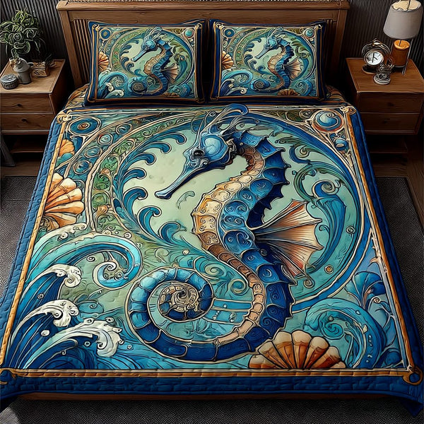 Sea Horse Waves quilted 3-piece bedding set on a made bed in a rustic timber bedroom