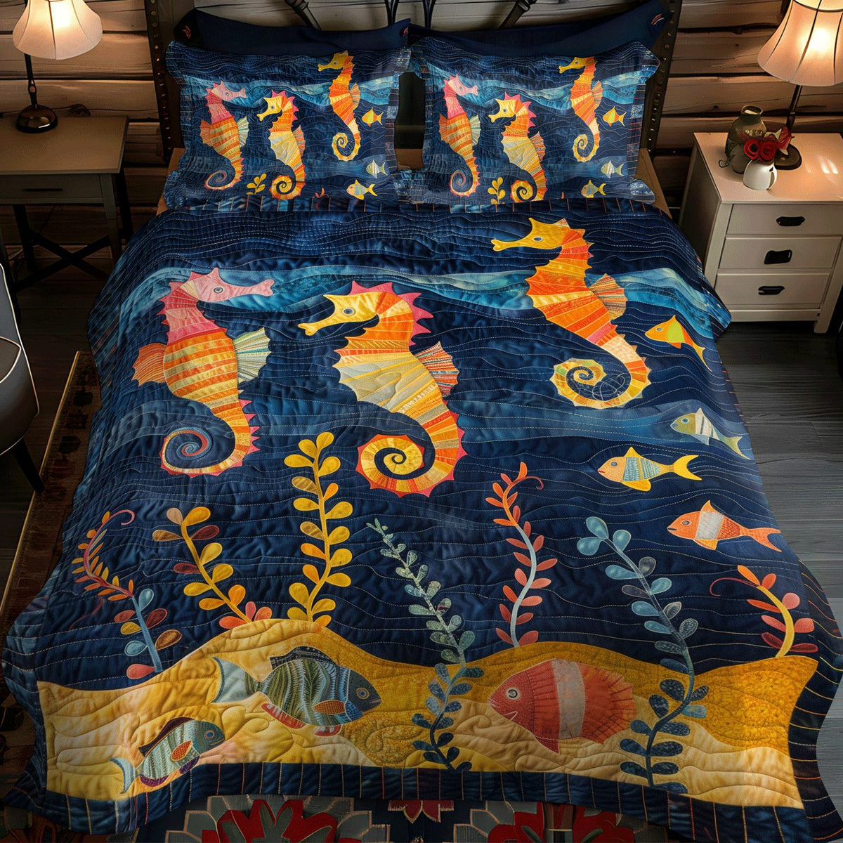 Sea Jewel quilted 3-piece bedding set on a made bed in a light coastal bedroom