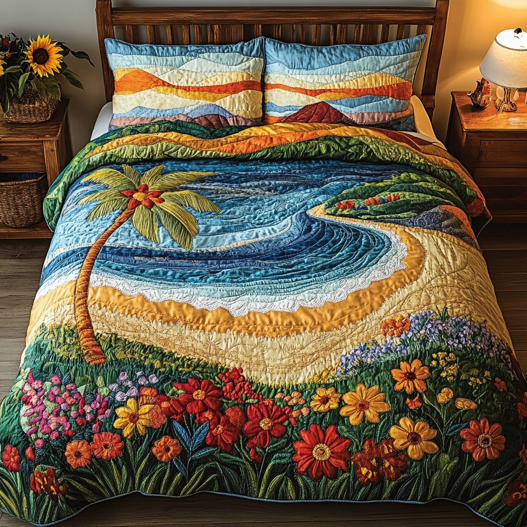 Sea Melody quilted 3-piece bedding set on a made bed in a light coastal bedroom