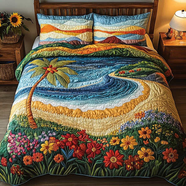 Sea Melody quilted 3-piece bedding set on a made bed in a light coastal bedroom