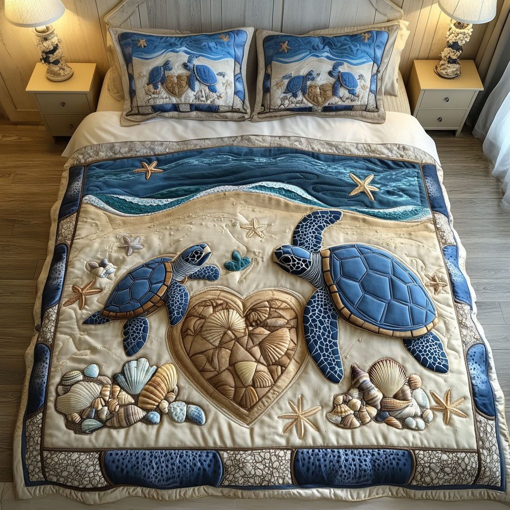 Sea of Devotion quilted 3-piece bedding set on a made bed in a light coastal bedroom