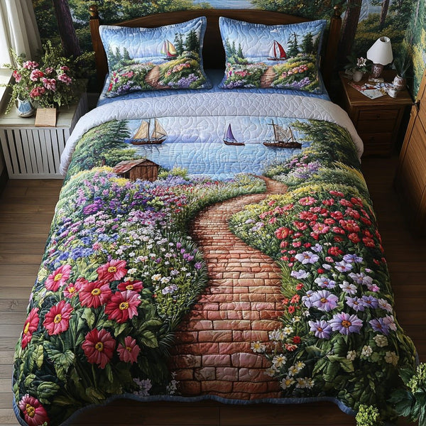 Sea Serenade quilted 3-piece bedding set on a made bed in a light coastal bedroom