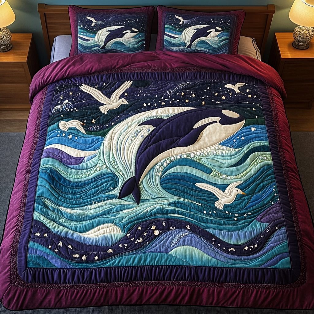 Sea Serenade quilted 3-piece bedding set on a made bed in a light coastal bedroom