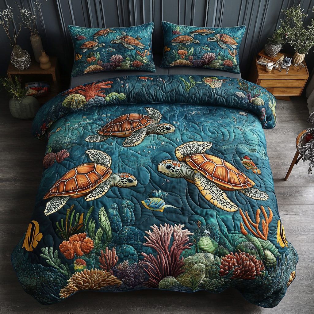 Sea Serenity quilted 3-piece bedding set on a made bed in a light coastal bedroom