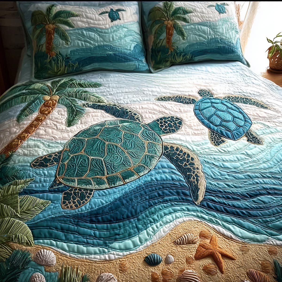 Sea Serenity quilted 3-piece bedding set on a made bed in a light coastal bedroom