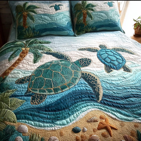 Sea Serenity quilted 3-piece bedding set on a made bed in a light coastal bedroom