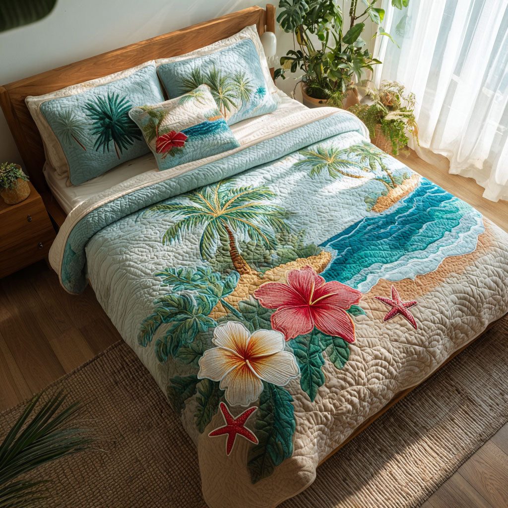 Sea Serenity quilted 3-piece bedding set on a made bed in a light coastal bedroom
