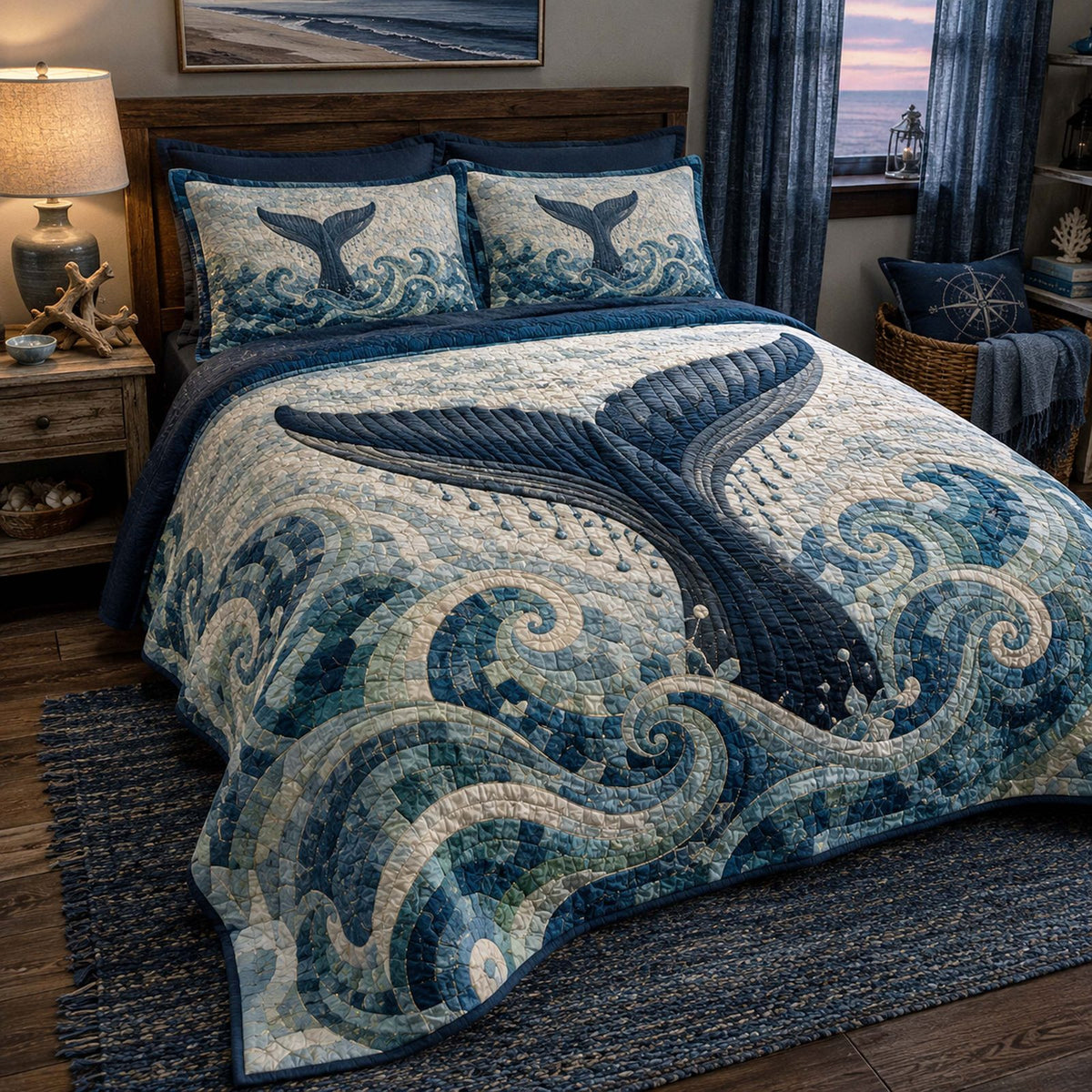 Sea Serenity quilted 3-piece bedding set on a made bed in a light coastal bedroom